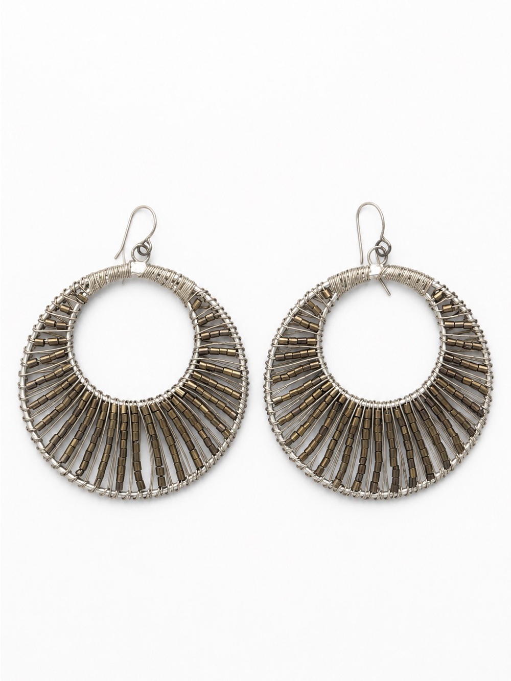 Silver Tone Beaded Open Circle Hoop Dangle Earrings Boho Statement